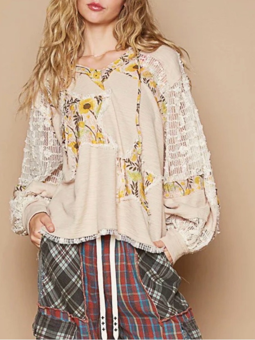 POL Lace Hoodie Star Floral Daisy Patchwork Pullover M